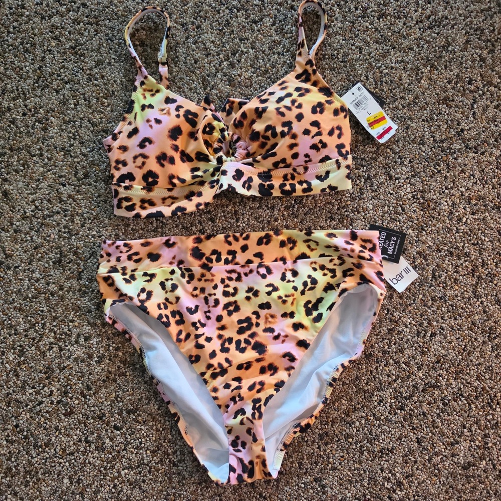 Bar III Women Leopard Print Bikini Set High Waist Ombre Pink Yellow Large
